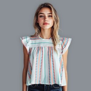 Nwt Grace + Karma Embroidered Stripe Flutter Sleeve Top Boho Cottagecore XL